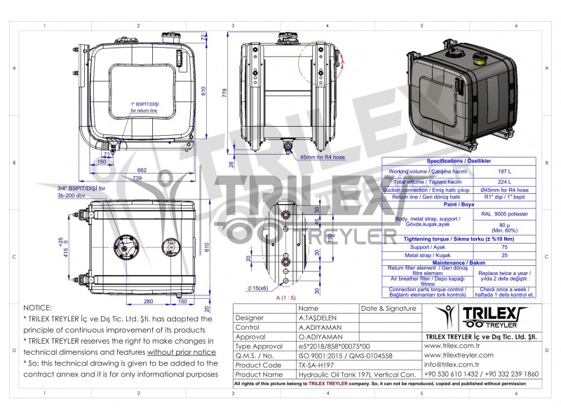Hydraulic Oil Tank / Reservoir Side Mounted - 197 Litters
