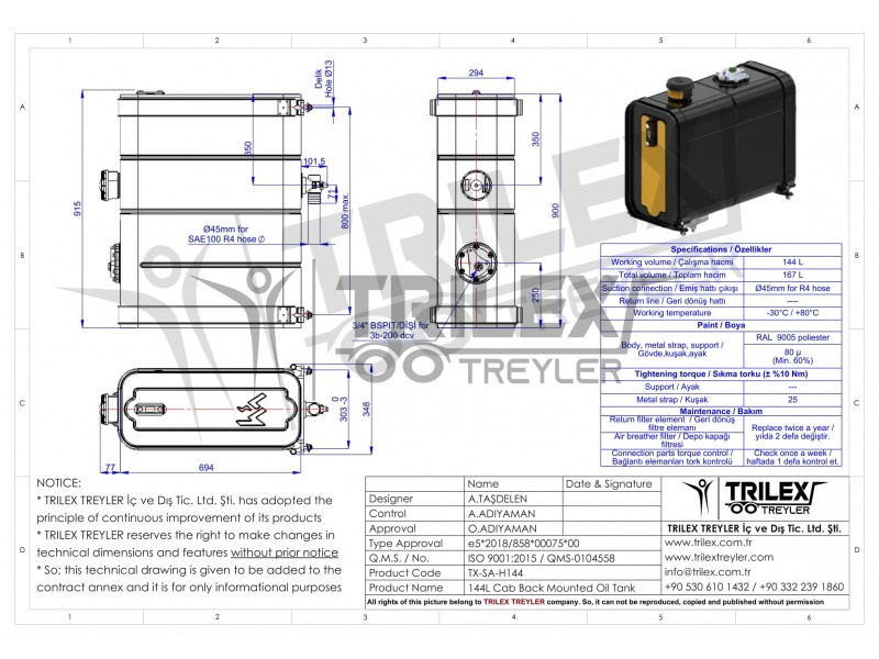 Cab Back / Rear Chassis Mounted Steel Oil Tank - 144 Liters