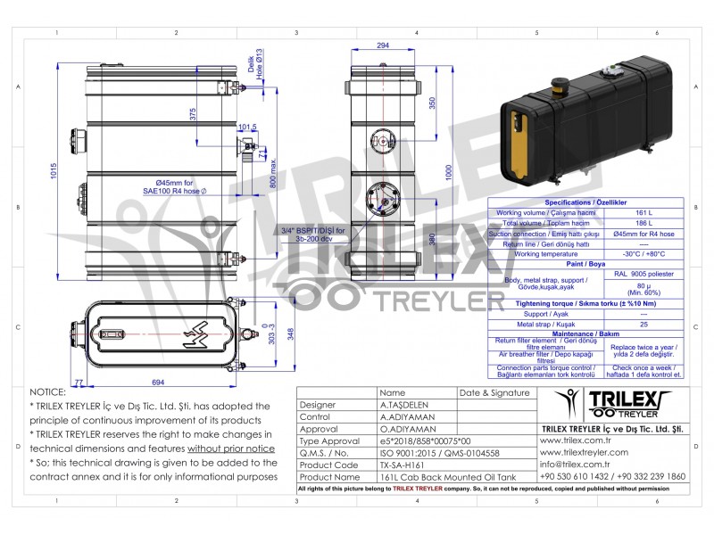 Cab Back / Rear Chassis Mounted Steel Oil Tank - 161 Liters